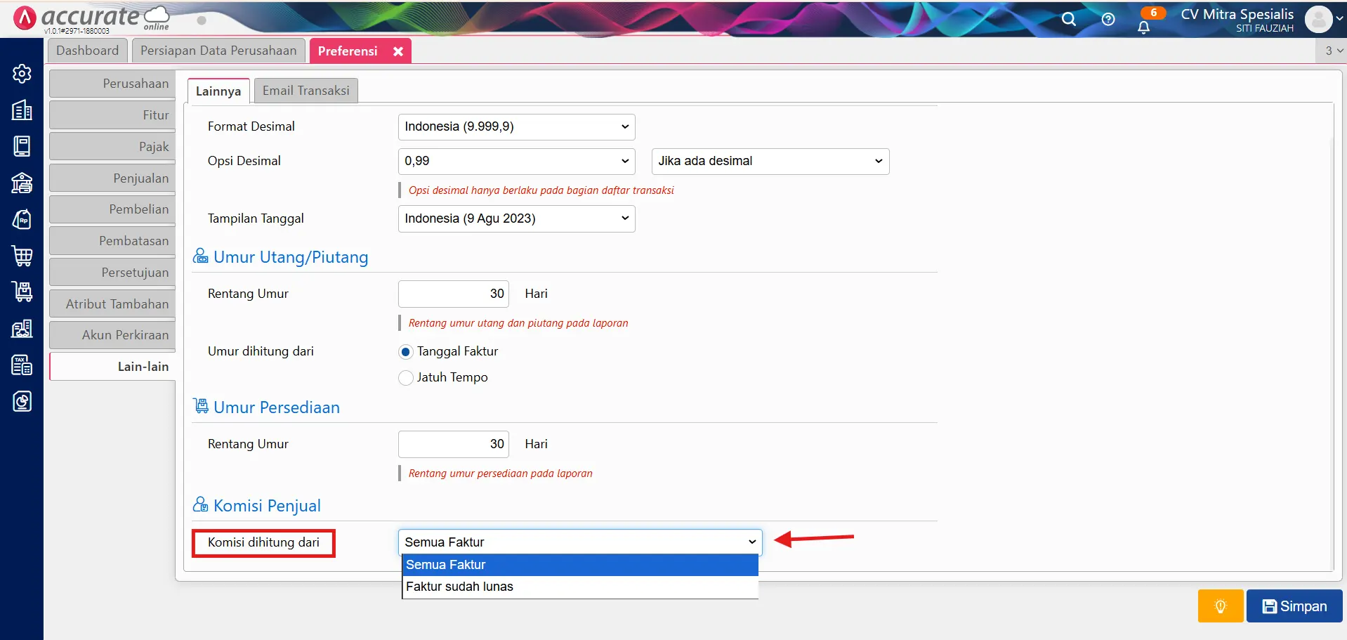 pengaturan lain-lain accurate online